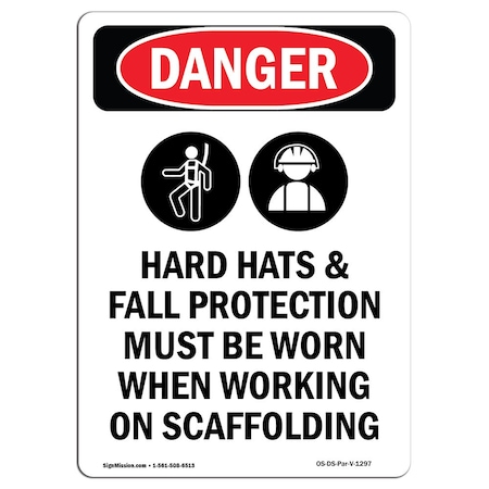 OSHA Danger Sign, Hard Hats And Fall Protection, 7in X 5in Decal